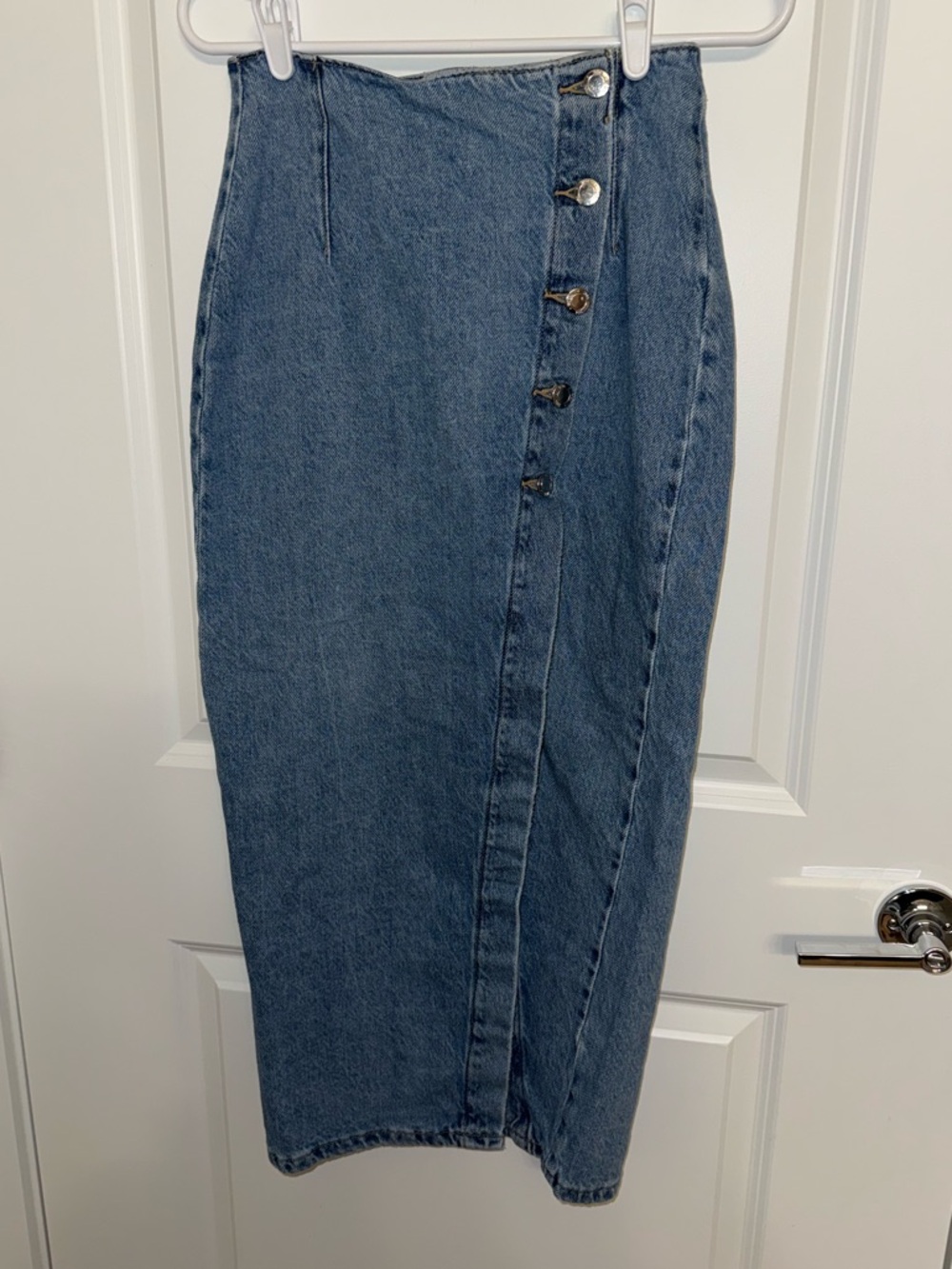 Zara Mid Blue Denim Pencil Skirt with Side Button Detail